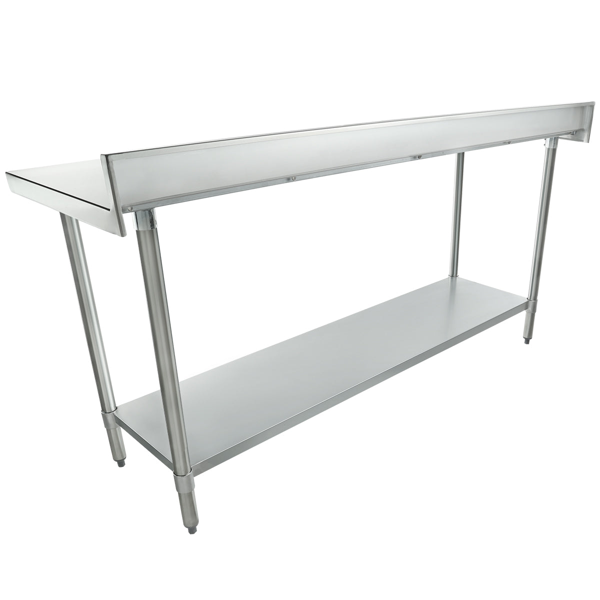 A 72 inch stainless steel work table featuring four legs, a flat upper surface, a raised rear edge, and a lower shelf for added storage. Its simple, industrial design is ideal for commercial kitchens.