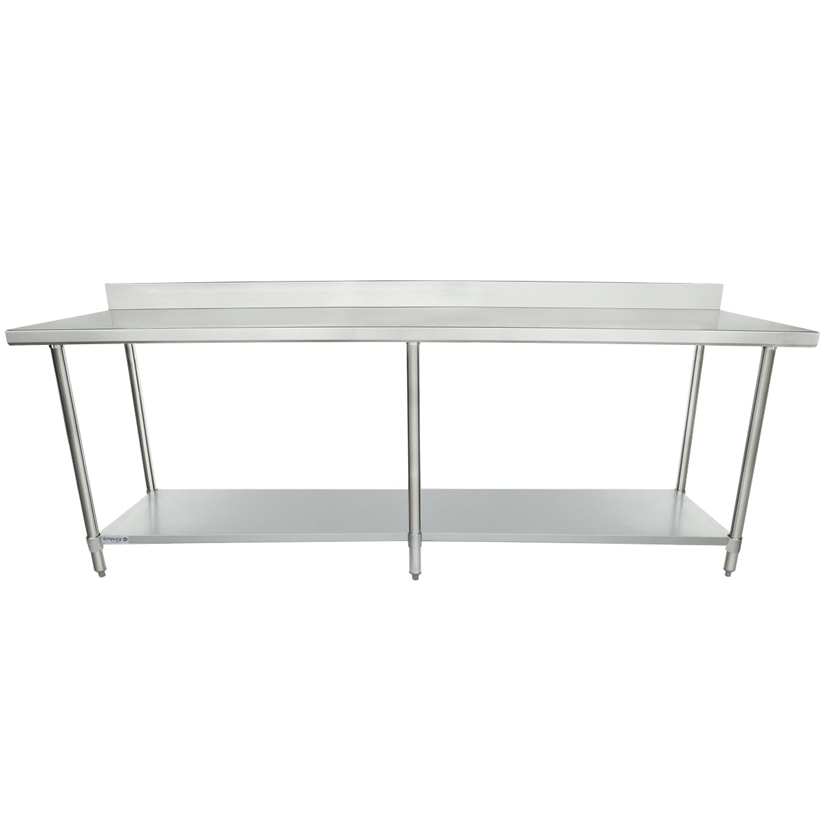 A large 96 inch stainless steel work table with a raised backsplash, an undershelf for extra storage, and four sturdy legs. Its smooth, flat surface is ideal for kitchens or industrial use, reflecting a clean, functional minimalist design.