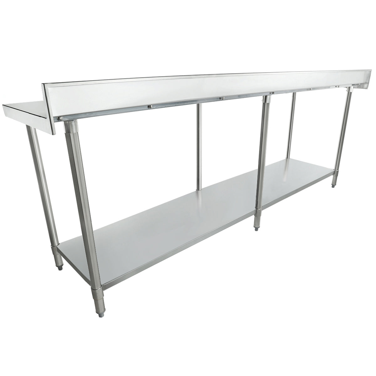 A 96 inch stainless steel commercial kitchen work table with an upper backsplash, four sturdy legs, and a spacious lower shelf. Its industrial, minimalist design is ideal for food preparation or storage in professional kitchens.