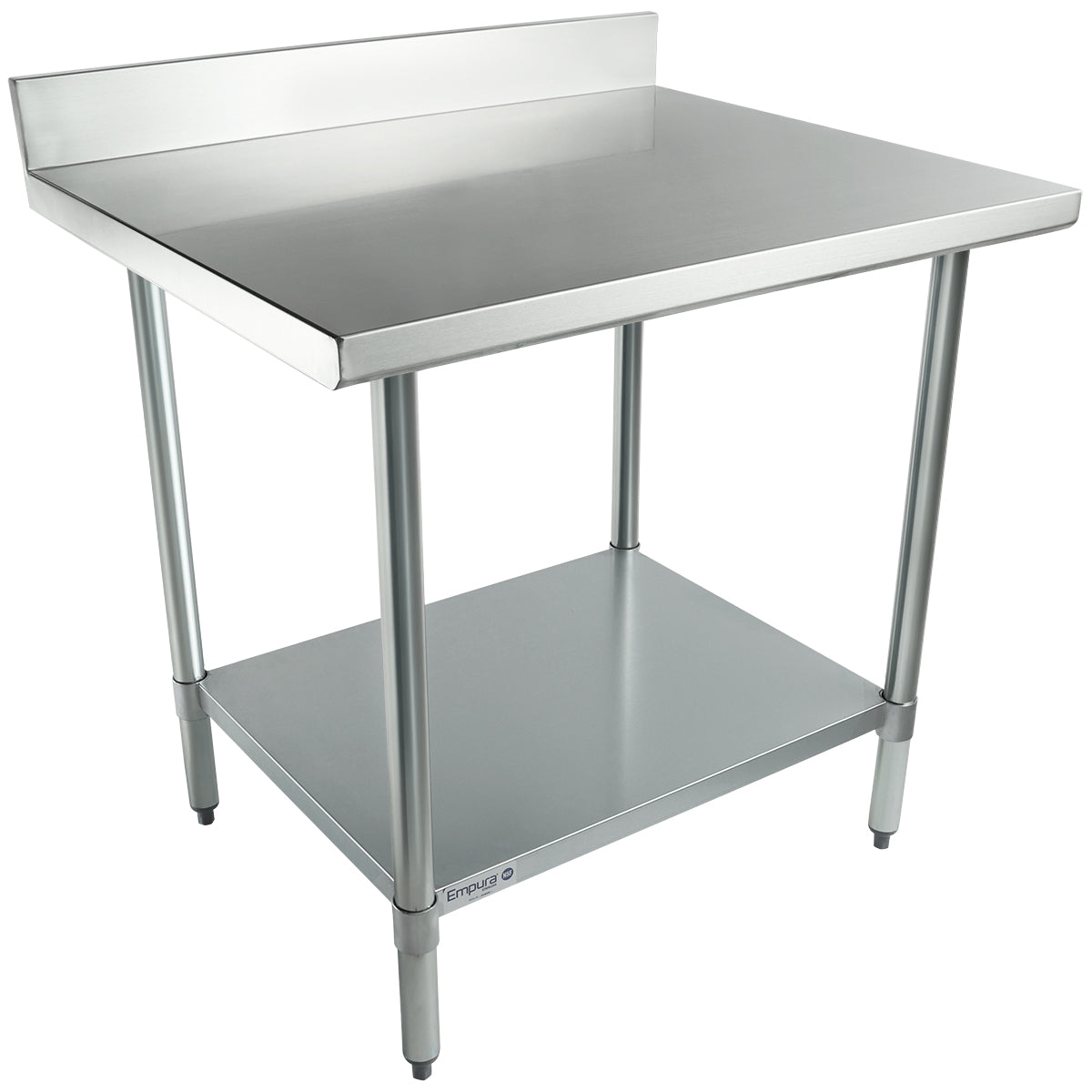 A 36 inch stainless steel work table with four legs, a flat work surface, rear backsplash, and lower shelf for storage. Clean and industrial, its designed for commercial kitchens or food prep areas.
