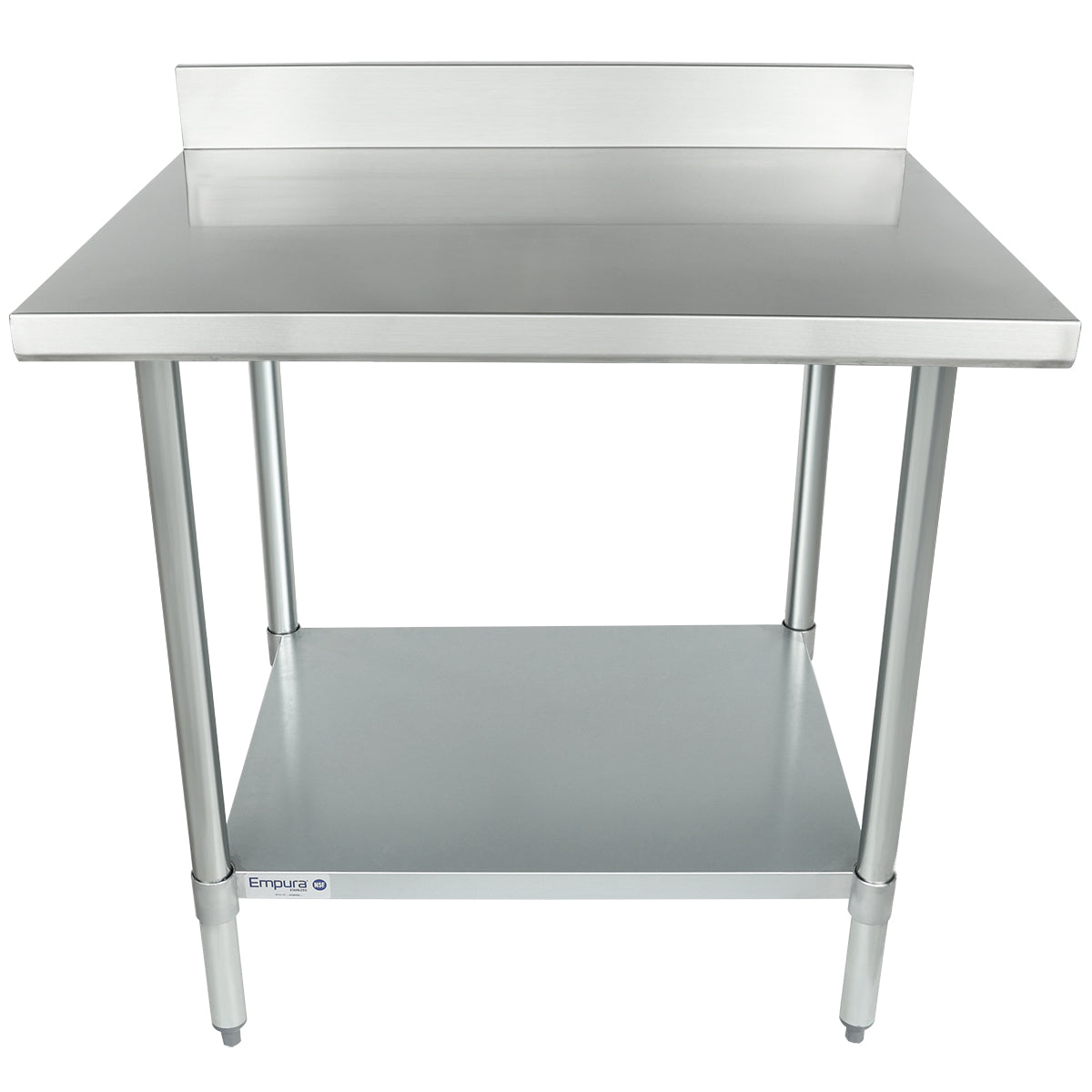 A 36 inch stainless steel work table featuring a raised backsplash, four sturdy legs, and a lower shelf for storage. Its smooth, flat top and industrial design make it perfect for food prep or utility tasks.