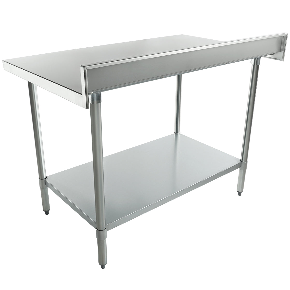 A 48 inch stainless steel work table with a raised back edge, four legs, and an under-shelf for extra storage. Its smooth metal surface is perfect for kitchens or workshops, featuring an open design below the main worktop.