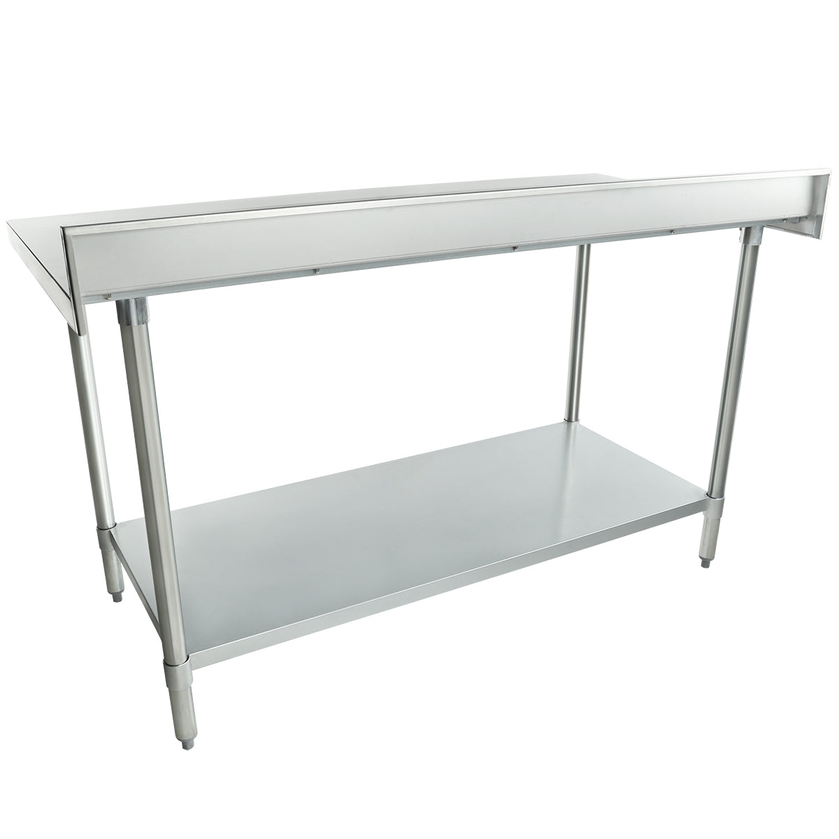 This 60 inch stainless steel work table features an undershelf and raised sides and back, perfect for kitchen or industrial use. Its sturdy legs and smooth top surface with a raised edge help keep items secure and organized.