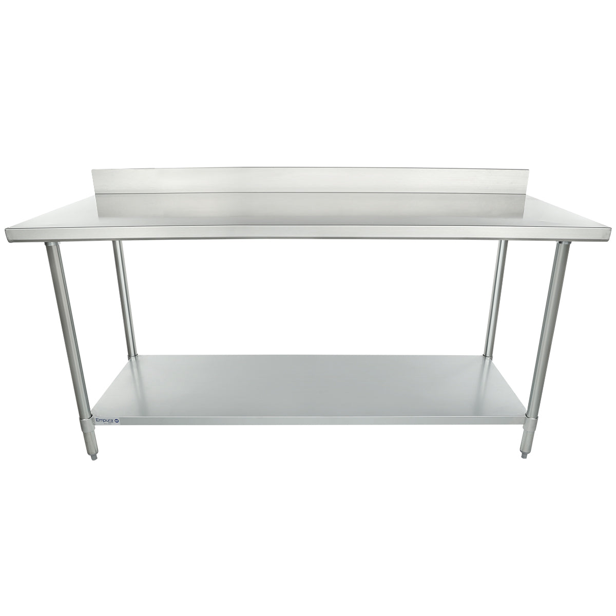 A 72 inch stainless steel work table with a raised backsplash, four legs, and an undershelf for storage. Its smooth, flat surface and industrial design make it ideal for commercial kitchens or food preparation areas.