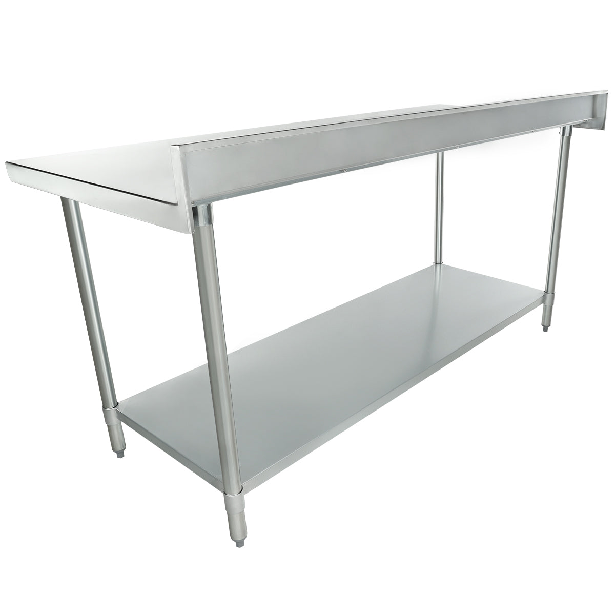 A 72 inch stainless steel work table with a raised edge on one side, four sturdy legs, and an undershelf for extra storage. The smooth surface is easy to clean and designed for heavy-duty use in kitchens or industrial settings.