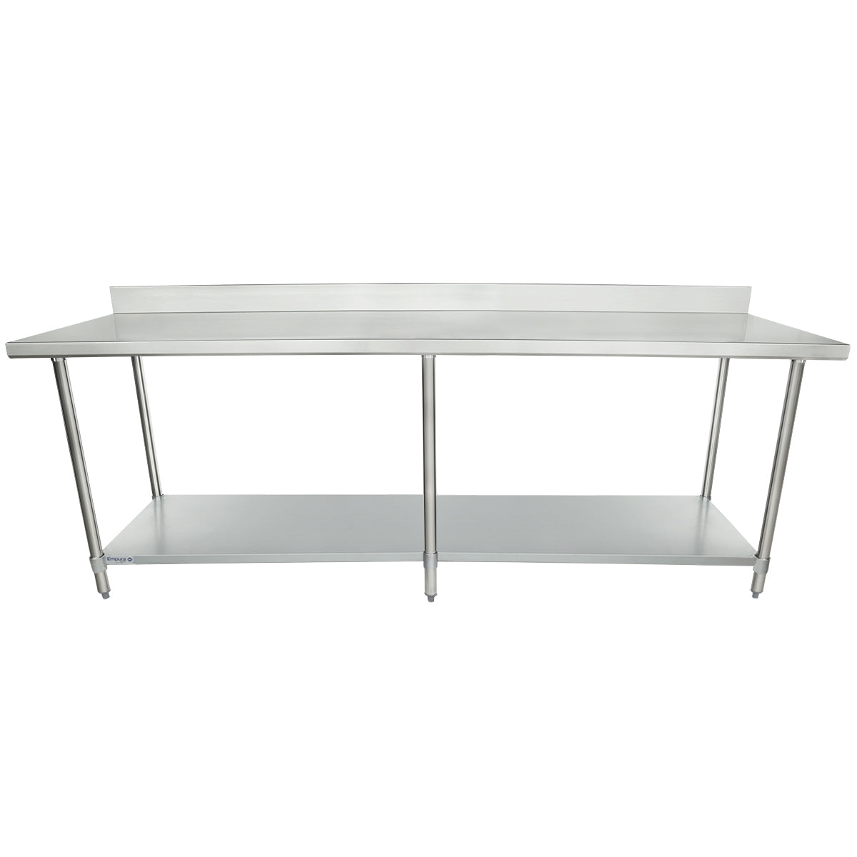 A large 96 inch stainless steel work table with a flat top, an attached backsplash at the back, four sturdy legs, and a lower shelf for storage. The clean, smooth surface is ideal for kitchens or industrial use.