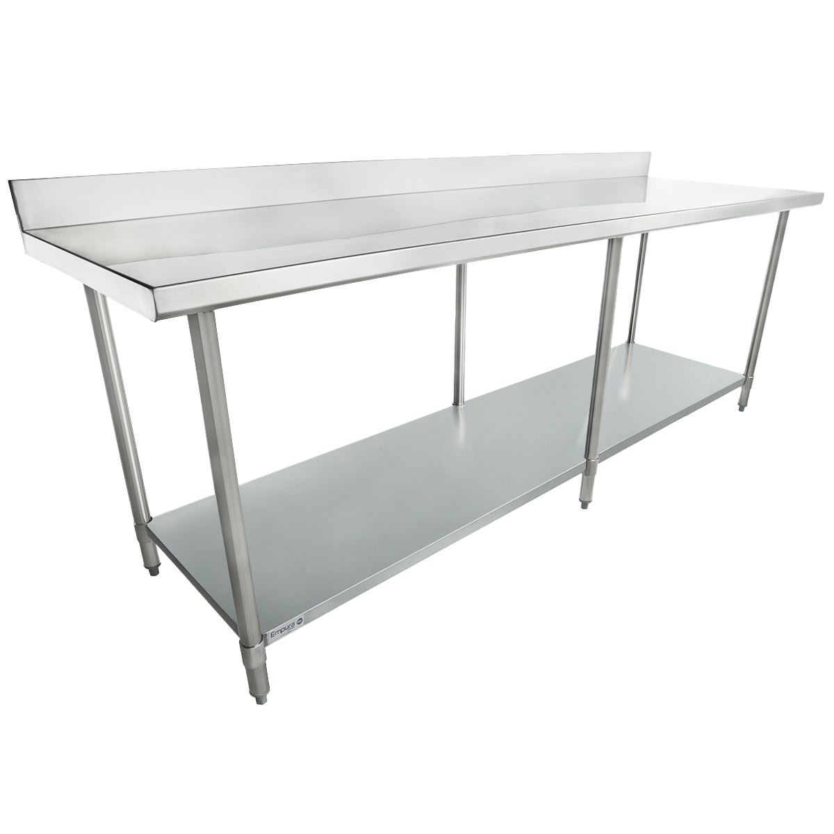 A 96 inch stainless steel work table with a raised backsplash along the back edge. It features four sturdy legs, an undershelf for extra storage, and an open front and sides—a sleek, utilitarian choice for commercial kitchens.