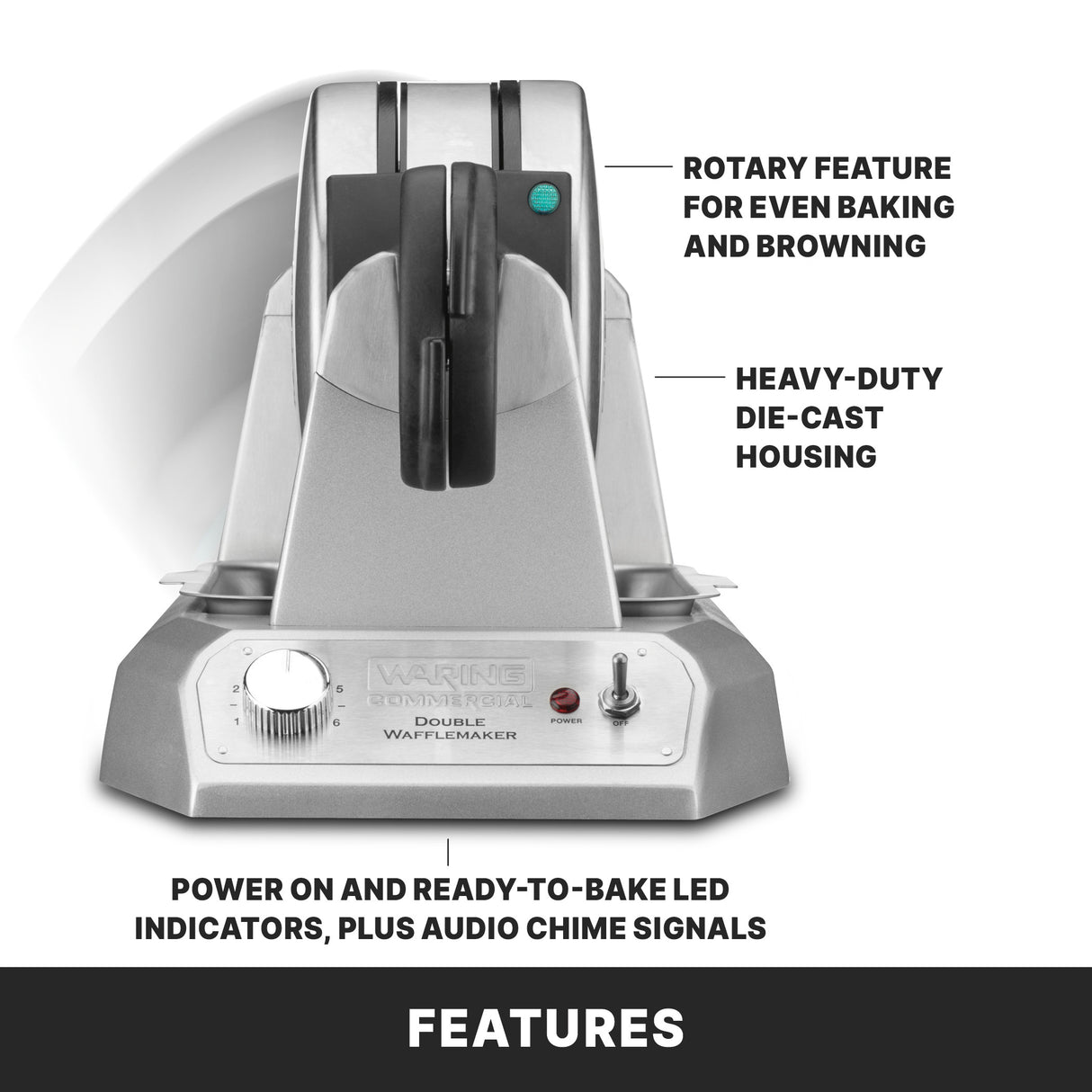 A commercial Belgian waffle maker with a rotary feature for even baking, heavy-duty die-cast housing, power and LED indicators, and an audio chime. This double waffle maker is silver with a top handle, labeled buttons, and highlighted key features.