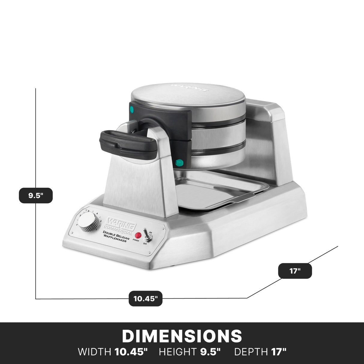 A stainless steel Belgian waffle maker with a rotating handle sits on a counter. Labels indicate its dimensions: 9.5 inches high, 17 inches deep, and 10.45 inches wide. Control knob and indicator lights are on the front panel.