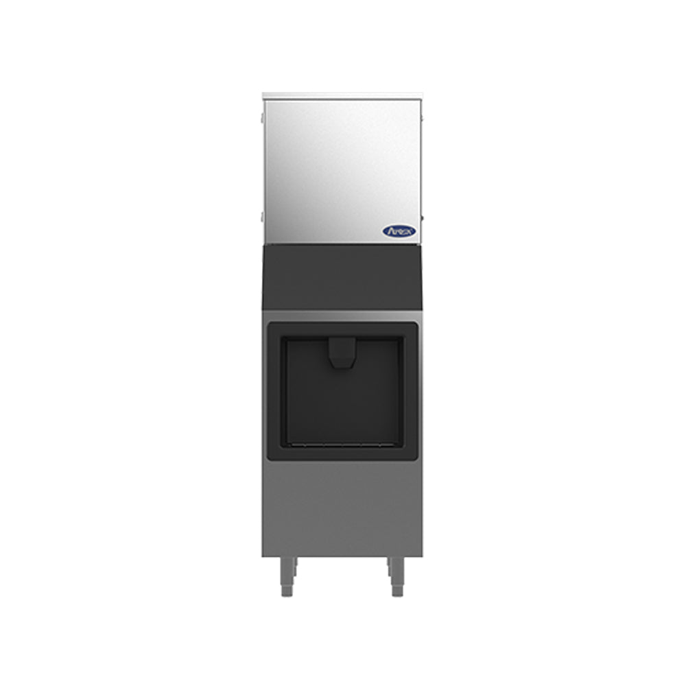A modern, functional ice machine with a stainless steel upper section and black bin below, producing up to 350 lb cube ice daily. The recessed handle offers easy access, making it ideal for any restaurant or kitchen.