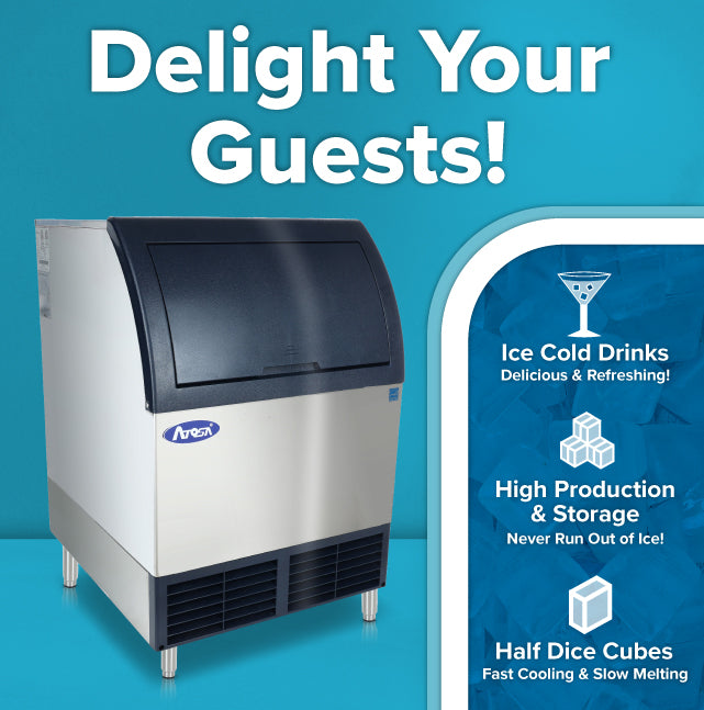 A commercial stainless steel ice maker stands on a blue background. Large white text above reads, “Delight Your Guests!” To the right, icons highlight Ice Cold Drinks, High Production & Storage, and Half Dice Cubes with brief descriptions.