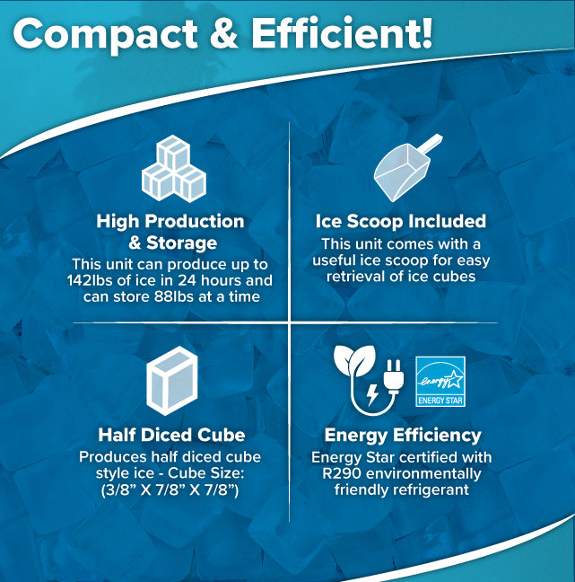 Infographic on cube-style ice machine features: top left “High Production & Storage”—makes 142 lbs daily, stores 88 lbs; top right “Ice Scoop Included”; bottom left “Half Diced Cube”—3/8” x 7/8”; bottom right “Energy Efficiency”—ENERGY STAR certified.