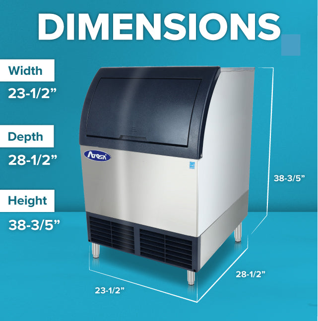 A stainless steel ice maker is shown against a blue background. Measurements highlight its width (23-1/2), depth (28-1/2), and height (38-3/5). The machine features a black top, front logo, and sturdy metal legs.