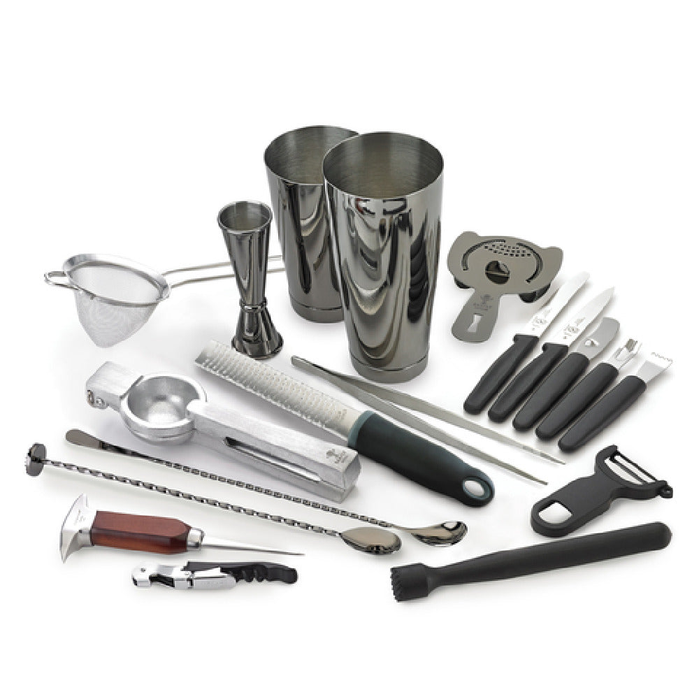 Krowne KR-BK2 Krowne Deluxe Gun Metal Black 18-piece Cocktail Kit (Includes 1 Each Of The Following: Cocktail Shaker Set Fine Mesh Strainer 9-3/8" Straight Tongs 11-13/16" Bar Spoon With Muddler End Spring Bar Strainer 1oz. X 2oz. Jigger 13-3/16"