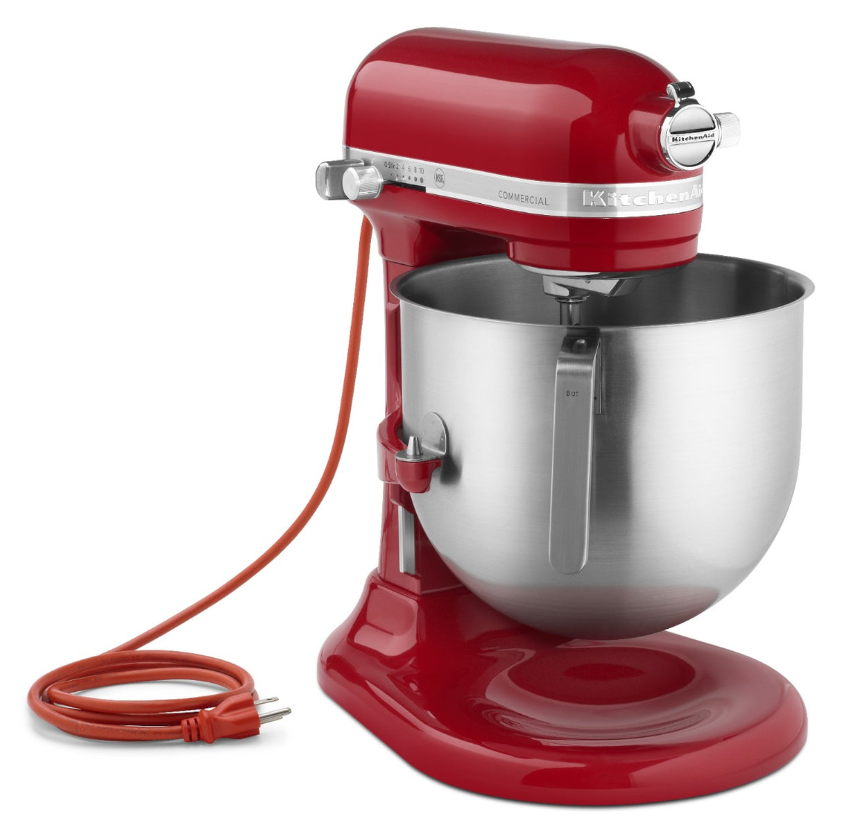 A red KitchenAid Commercial Stand Mixer with a large 8 quart stainless steel mixing bowl attached. An orange power cord is coiled beside the mixer, which features a shiny exterior, chrome accent knobs, and the brand name on the side.