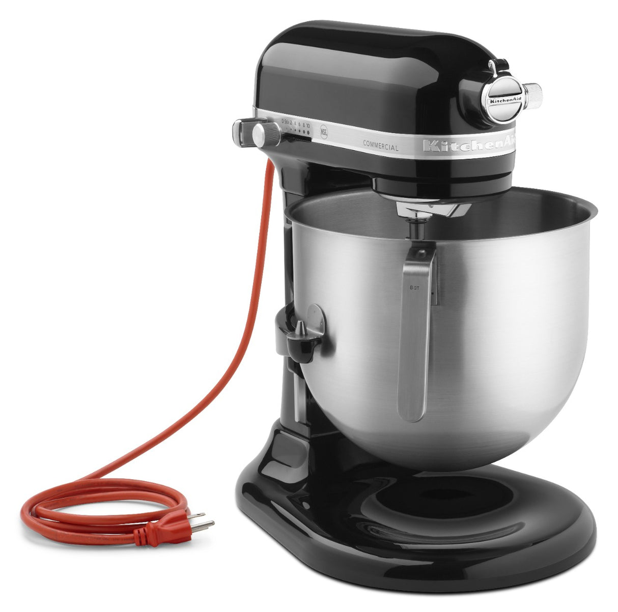 A black KitchenAid Commercial Stand Mixer with a stainless steel mixing bowl is shown. An orange electrical cord is plugged in and coiled neatly beside the 8 quart stand mixer, which features a retro, glossy finish and a tilt-head design on a white background.