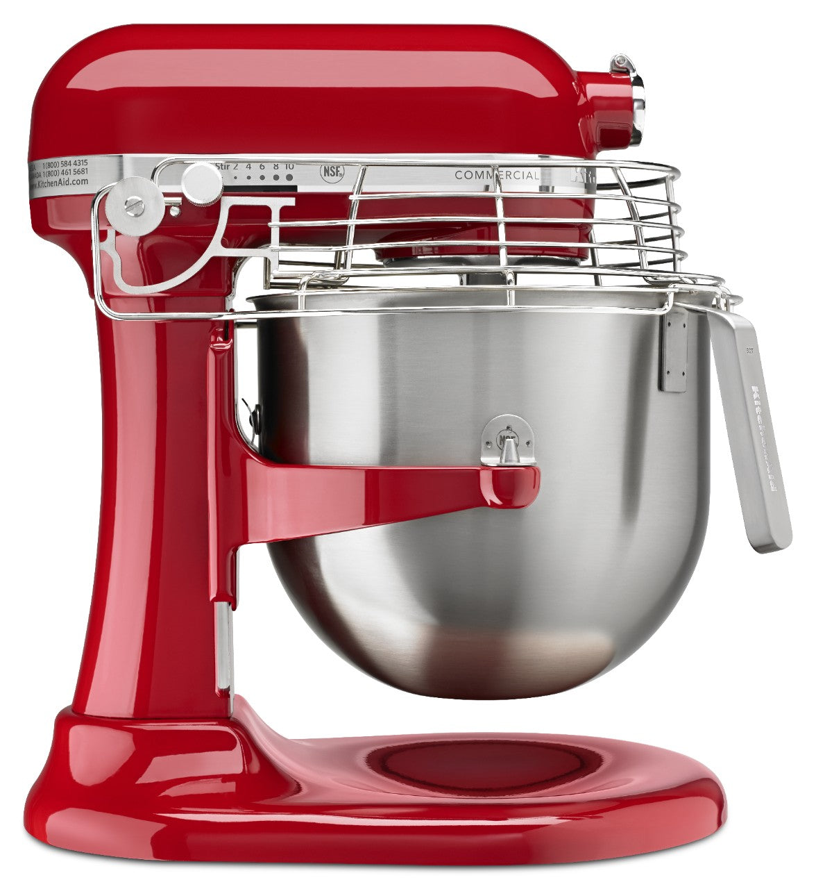 A shiny red KitchenAid Commercial Stand Mixer with a stainless steel 8 quart bowl and metal safety guard. The mixer features PowerCore technology, a tilt-head design, side control lever, bowl handle, and a modern, sturdy look on its glossy base.