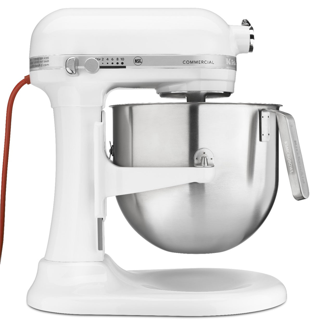 A modern, sturdy white KitchenAid Commercial Stand Mixer with a stainless steel 8 quart bowl, red power cord, numbered speed control lever, and bowl handle. Features PowerCore technology. Seen from the side against a white background.