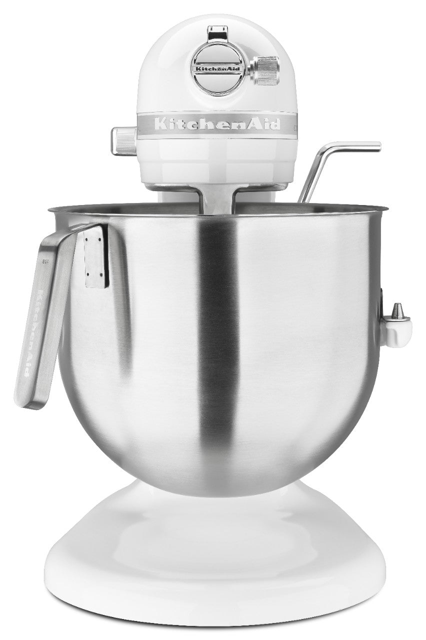 A white KitchenAid Commercial Stand Mixer with an 8 quart stainless steel mixing bowl and handle, viewed from the front. The mixer features PowerCore technology, a tilting head, attached flat beater, and sturdy white base.