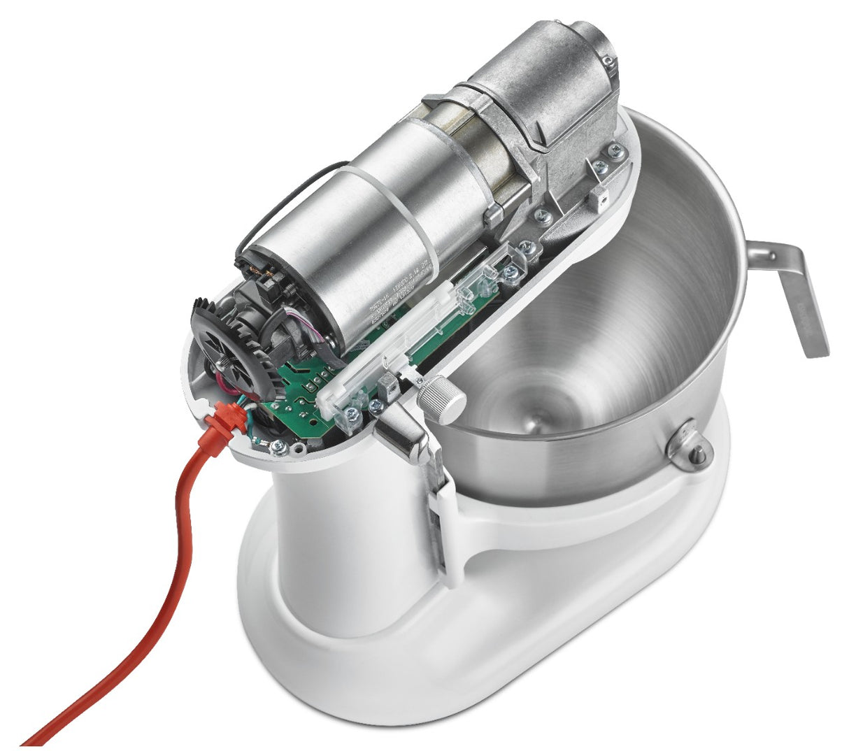 A KitchenAid Commercial Stand Mixer with its motor and PowerCore technology exposed is shown above a large 8 quart bowl. The white mixer’s internal gears and red power cord are visible, highlighting the inside view of its mechanism.