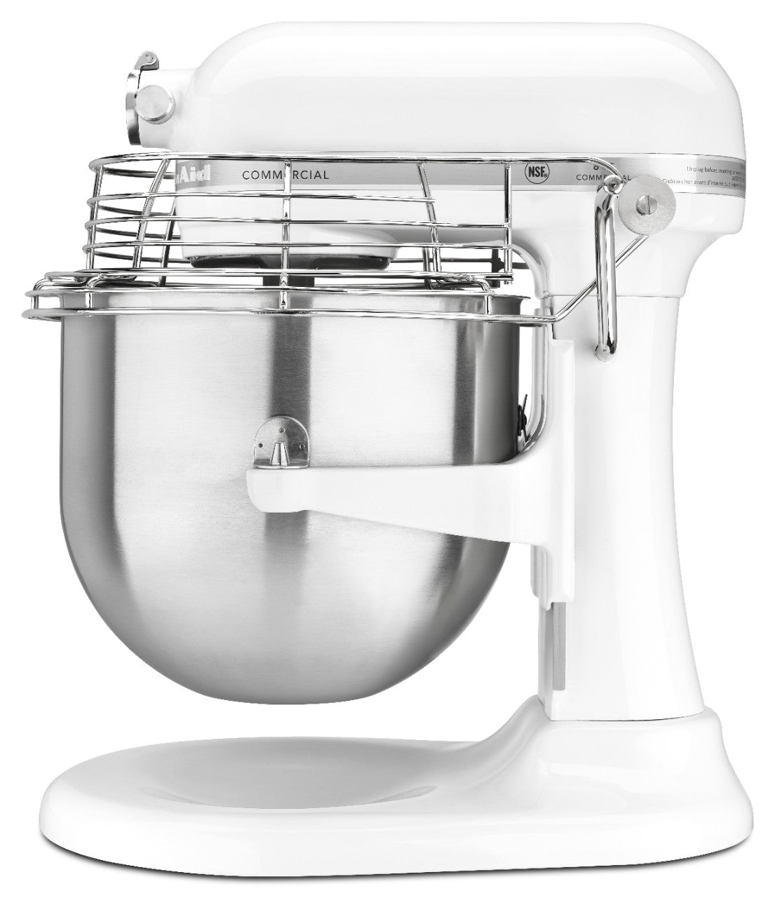 A white KitchenAid Commercial Stand Mixer with an 8 quart stainless steel mixing bowl and wire safety guard is shown in profile. The base and body are white, and the bowl sits on a lifting arm beneath the mixing attachment above.