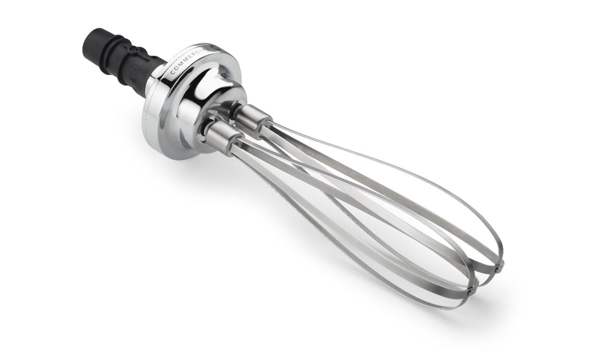 A close-up of a 10” stainless steel whisk attachment for a KitchenAid Commercial appliance, featuring three metal loops and a black plastic connector at the top, designed for mixing or beating ingredients against a white background.