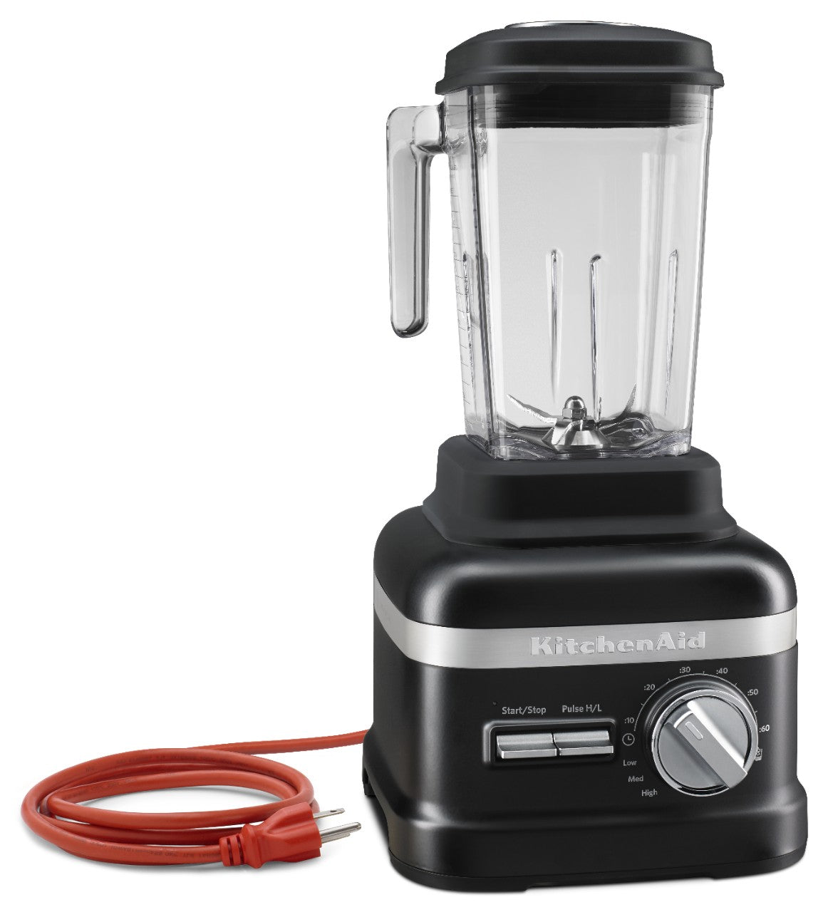 A black KitchenAid Commercial Bar Blender with a clear 60 oz capacity jar, silver control dial, and a red power cord coiled beside it. The controls include Start/Stop, Pulse, and speed settings. Features the Patented Talon asymmetrical blade.