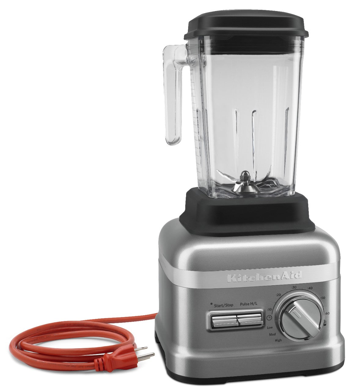 A silver KitchenAid Commercial Bar Blender with a transparent 60 oz. capacity pitcher, left-side handle, and measurement markings. The front features a dial, Start/Stop and Pulse buttons, and an orange power cord coiled beside it.