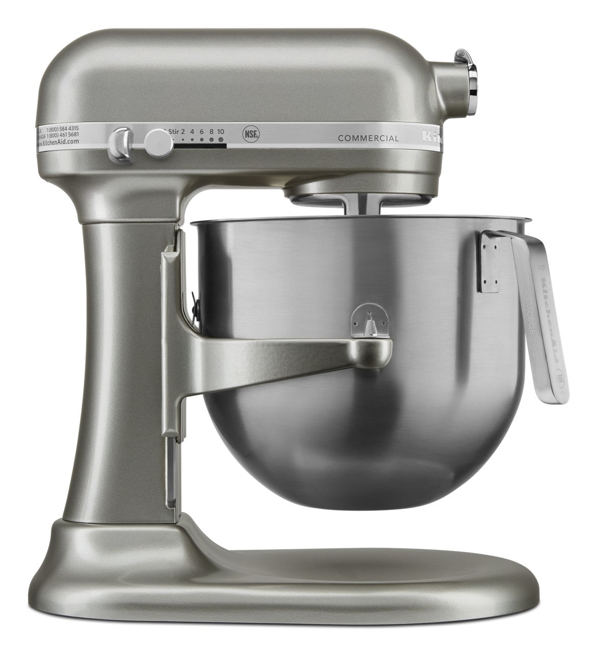 A metallic KitchenAid Commercial Stand Mixer featuring PowerCore technology, with a large 8 quart stainless steel mixing bowl attached. It has a tilt-head design, speed control lever, sturdy wide base, and bowl handle for stability and convenience.