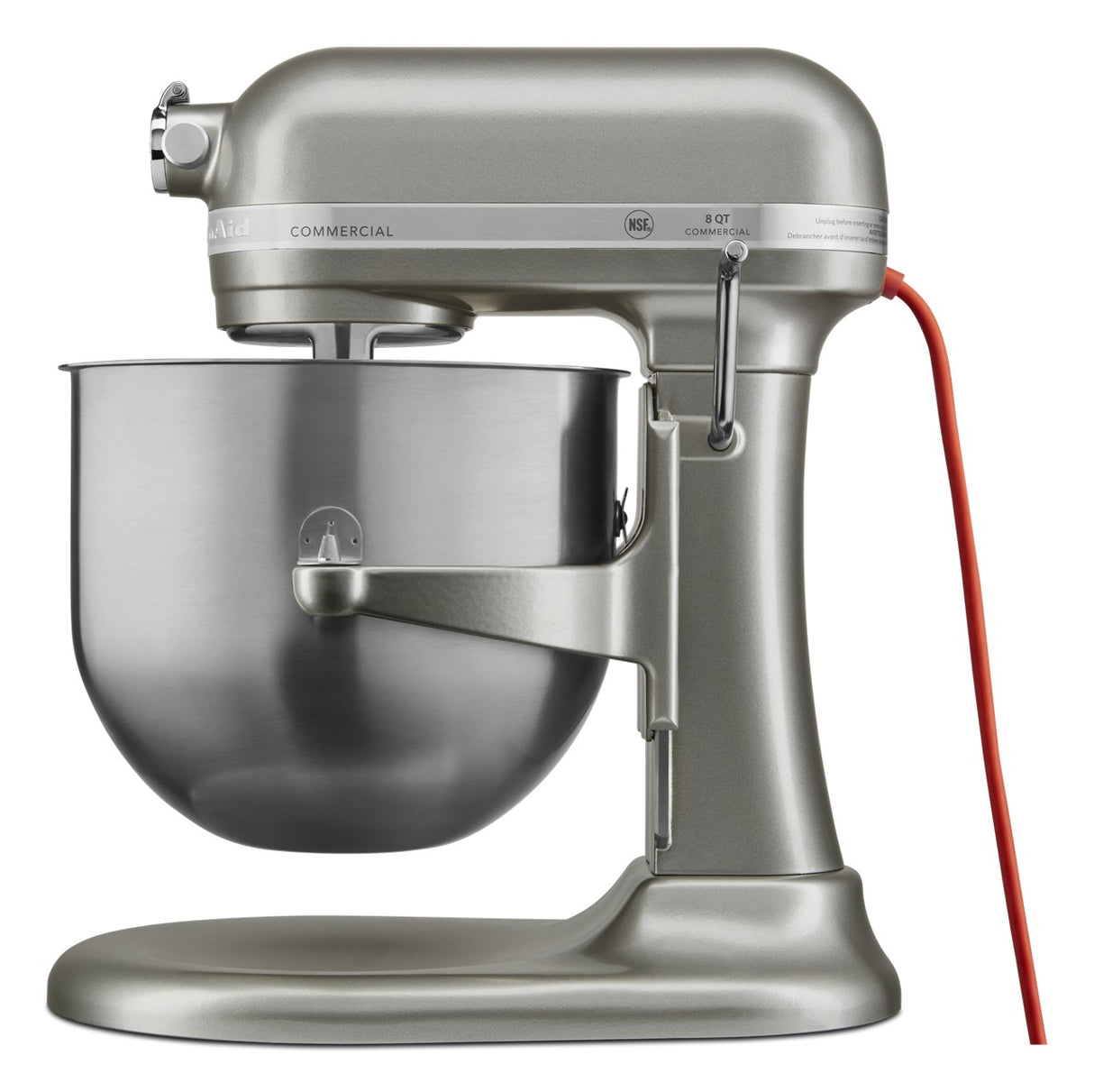 A metallic silver KitchenAid Commercial Stand Mixer with a large 8 quart stainless steel mixing bowl attached. The mixer features a sturdy base, tilt-head design, bright red power cord, and PowerCore technology for enhanced performance.