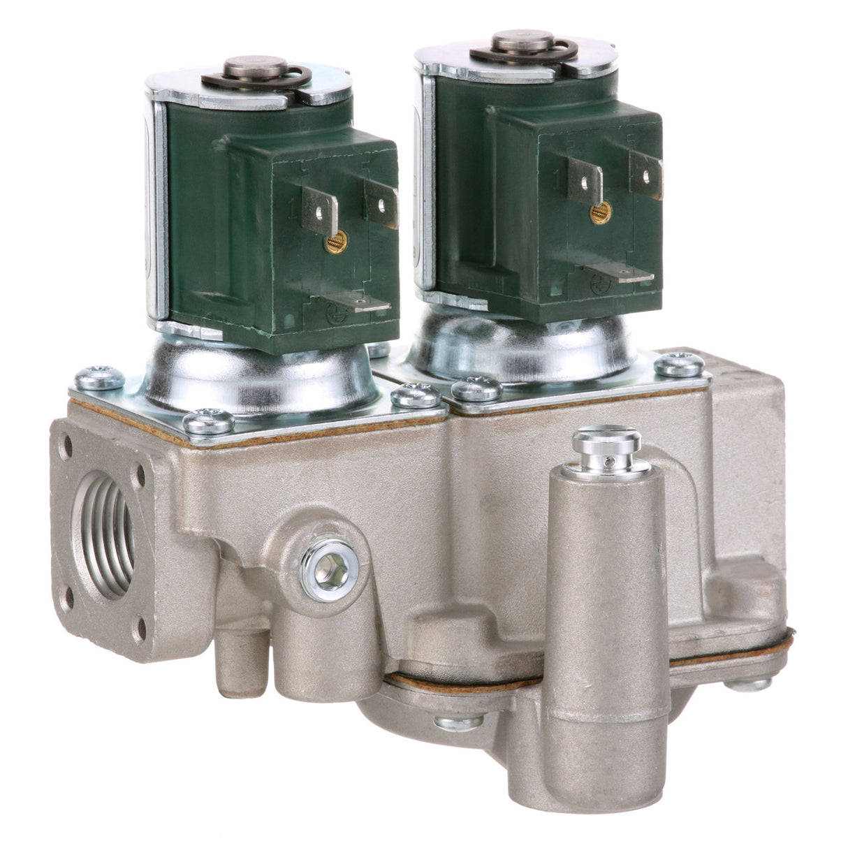 A close-up of a dual solenoid gas valve with two green solenoid coils mounted on top, threaded ports on the sides, and various screws and components on a rectangular metal housing, commonly used in Groen Steamer systems.
