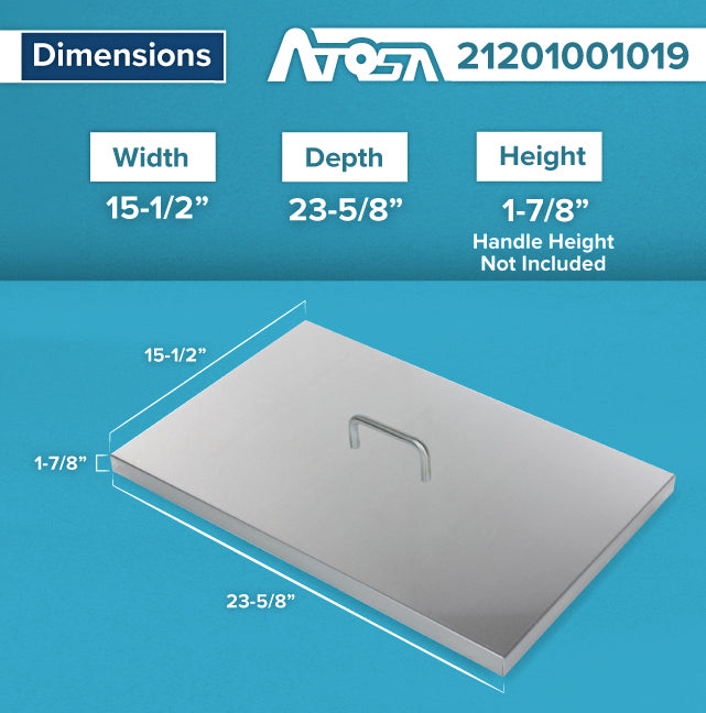 A rectangular Fryer Tank Cover with a central handle is shown on a blue background. Dimensions: width 15-1/2, depth 23-5/8, height 1-7/8 (excluding handle). Compatible with ATFS-40 and ATFS-50. Atosa logo and product number 21201001019 included.