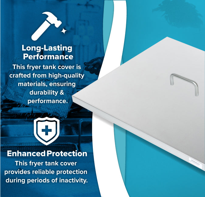A rectangular ATFS-75 Fryer Tank Cover by Atosa USA with a handle is shown on the right. On the left, text highlights its long-lasting performance and enhanced protection, with hammer and shield icons above. The blue background has an industrial vibe.