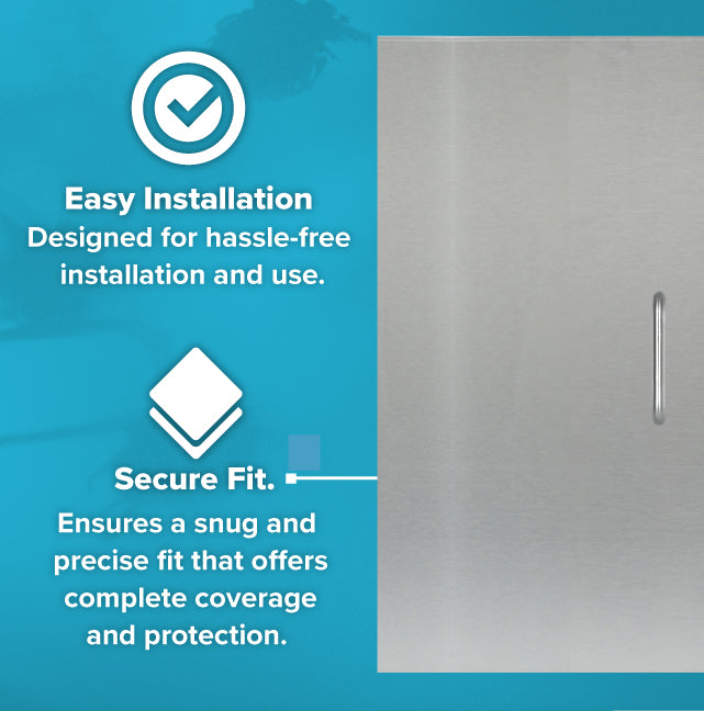 A marketing graphic highlights easy installation and secure fit for the Atosa USA Fryer Tank Cover, ATFS-75. It features text and icons on a blue background, with part of a metallic object on the right. Checkmark and diamond symbols emphasize simplicity and protection.