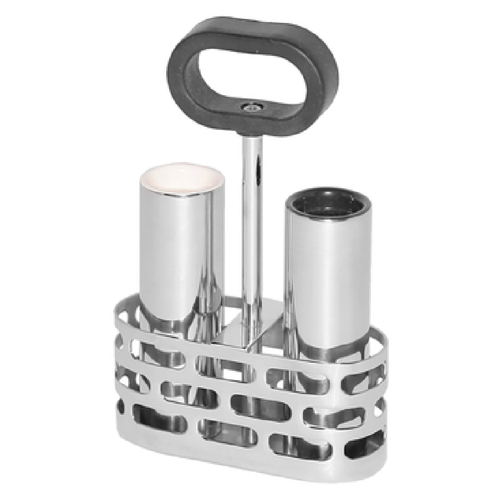 Service Ideas SM-66 Mod18 Steelworks Salt & Pepper Shakers Set With Rack 6-1/4" H X 1-1/4" Dia.