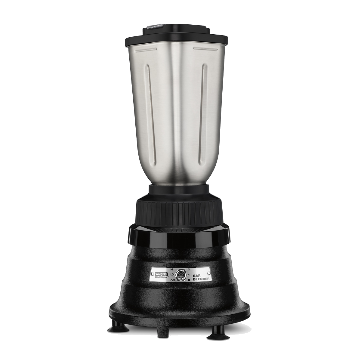 A bar blender with a sturdy black base, central power dial, and four small legs. The tall stainless steel container has a 32 oz. capacity and a black lid, with blend and crush settings labeled on the base. Background is plain white.