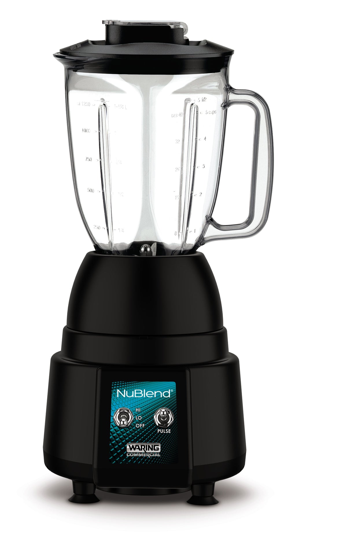 A black commercial blender with a clear 44-oz capacity polycarbonate container, handle, and lid. The base features two round control dials, a blue NuBlend logo, and the Waring brand name. The blender is shown against a plain white background.