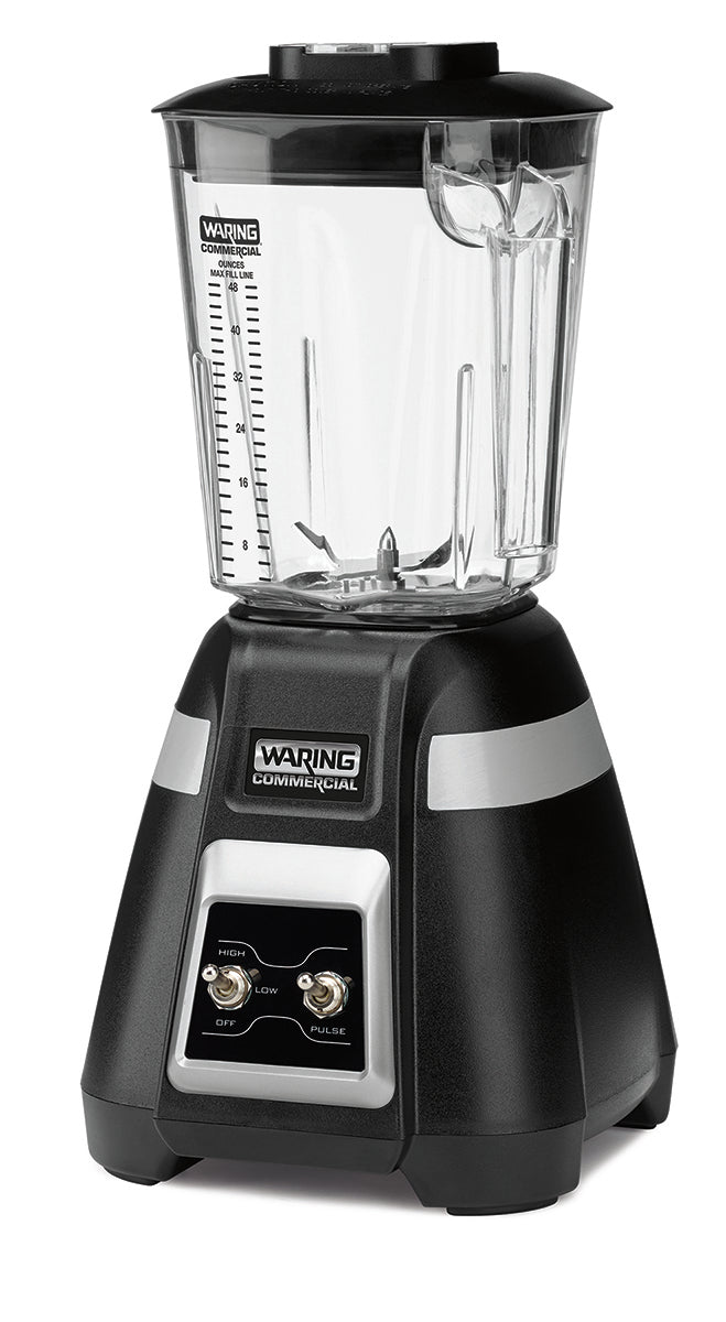 A black and silver Waring Commercial Blade Bar Blender features a 2-speed control with "HI," "LOW," and "PULSE" switches. It includes a clear 48-oz. plastic container with measurement markings, handle, and lid, all set against a white background.