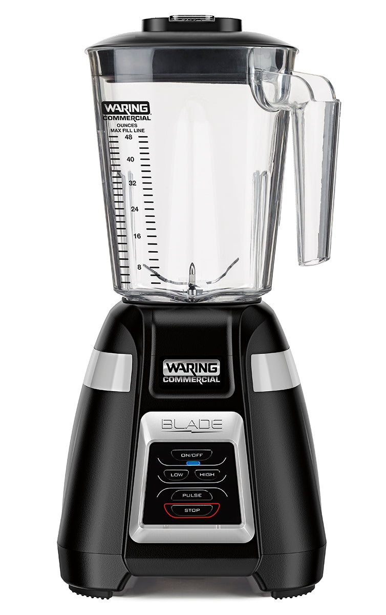 A black and silver Waring Commercial Blade Bar Blender with a 48-oz. plastic container, clear measurement markings, and handle. The electronic touchpad controls feature On/Off, Low, High, Pulse, and Stop. The Waring logo appears on the base and pitcher.