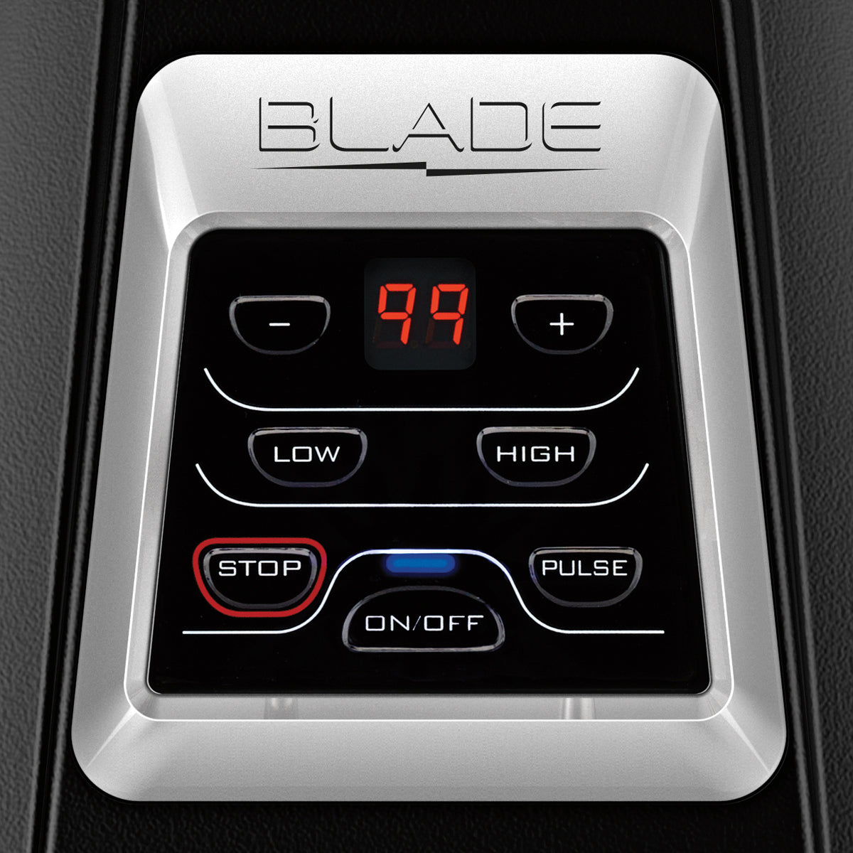 Close-up of a Blade Bar Blender control panel labeled “BLADE,” with a digital red display reading “99.” Featuring 2-speed LOW and HIGH options, STOP, ON/OFF, PULSE, plus/minus buttons—all on a modern metallic panel. Includes 48-oz. plastic container.
