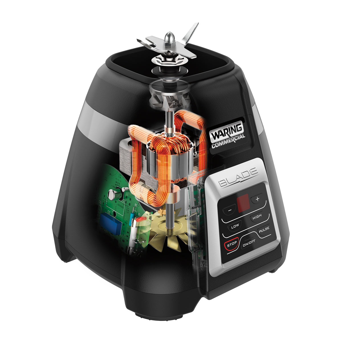A black Waring Commercial 2-speed Blade Bar Blender with part of its casing cut away reveals copper coils, wiring, and circuit boards. The control panel features Low, High, Pulse, Stop, and On/Off. A 48-oz. plastic container sits atop the metal blade assembly.
