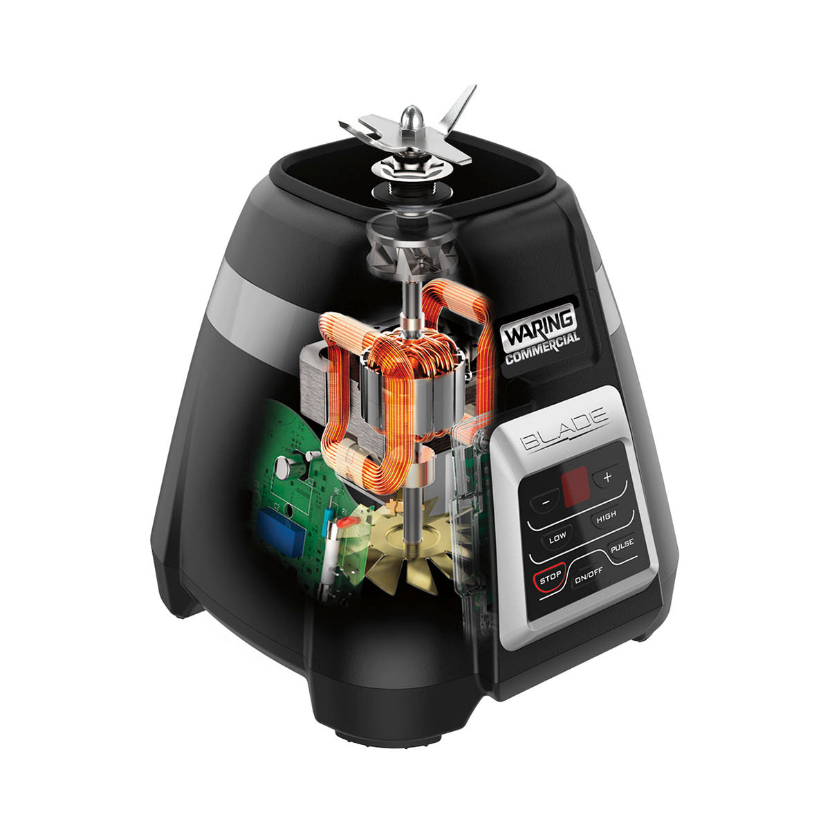 A black commercial 2-speed blender with a partially transparent housing reveals internal components like copper coils and the motor mechanism. The metal blender blades, Blade Bar Blender control buttons, and labeled front panel are clearly visible.