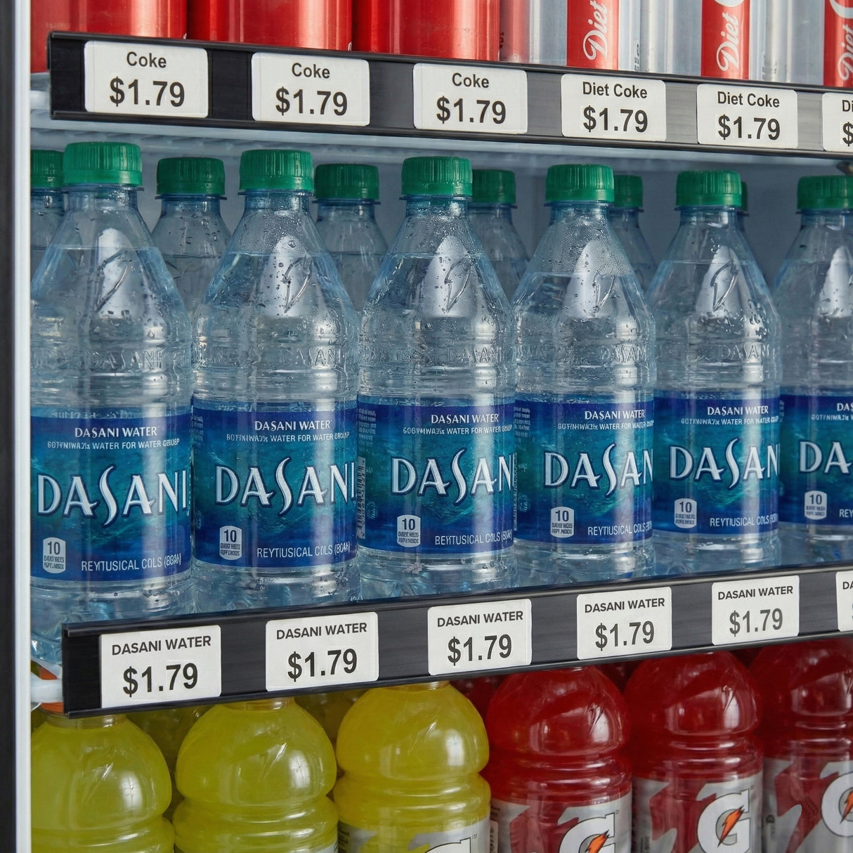 A refrigerator shelf with a price tag set displays rows of Dasani water bottles and Coke products above. Price tags for Dasani and Coke read $1.79, while below the water, yellow and orange sports drinks are partially visible.