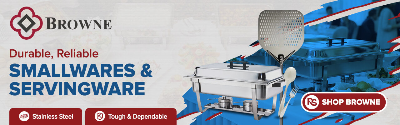 Browne durable stainless steel smallwares and servingware for restaurants and catering applications.