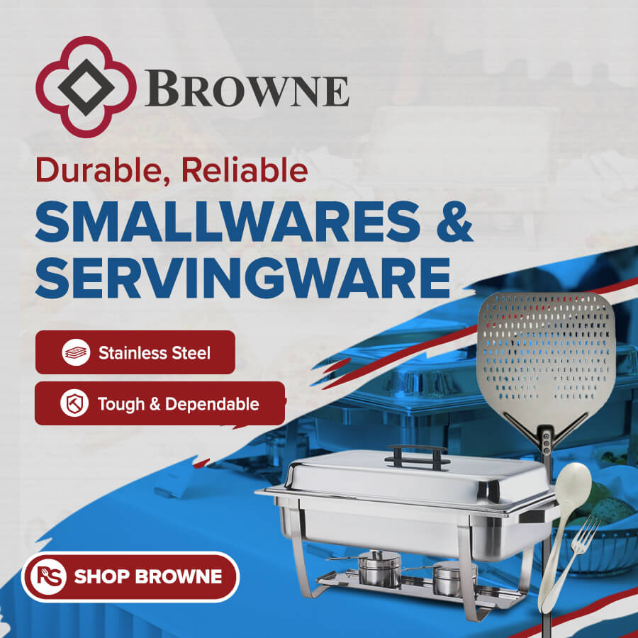 Browne stainless steel smallwares and servingware for commercial kitchens, including chafers and utensils.