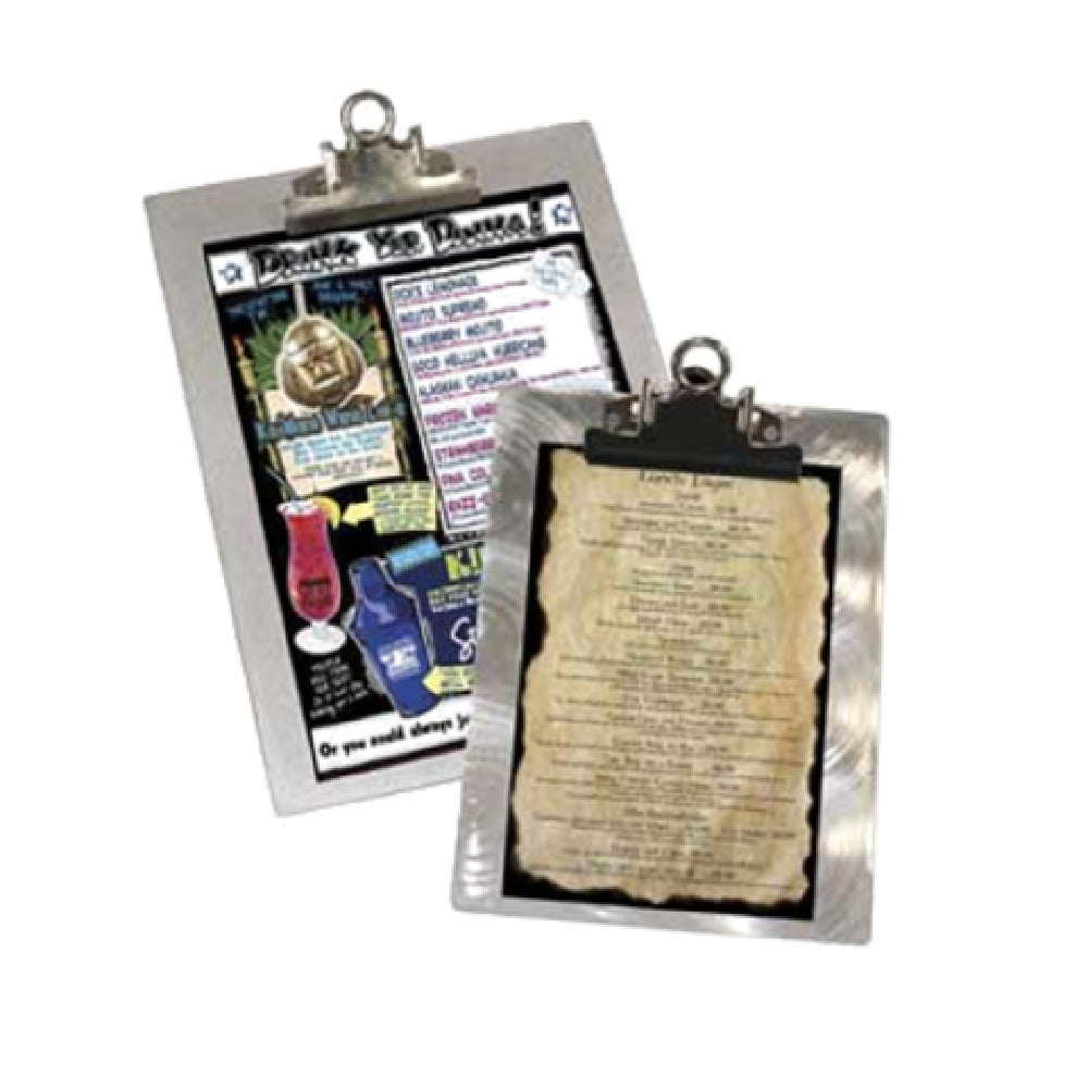 Menu Solutions ALSIN44-CLIP_SWIRL Menu Clip Board Holds 4-1/4" X 14" Insert Alumni-board