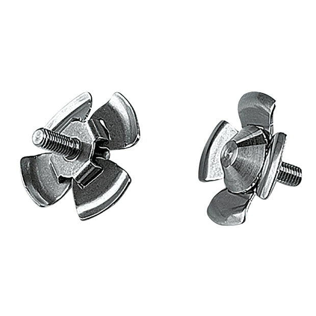 Two shiny, metallic wing nuts—similar to those used in Waring blenders or Butterfly Agitator assemblies—are shown against a white background. Each displays four curved wings and a central threaded bolt from both front and side angles.