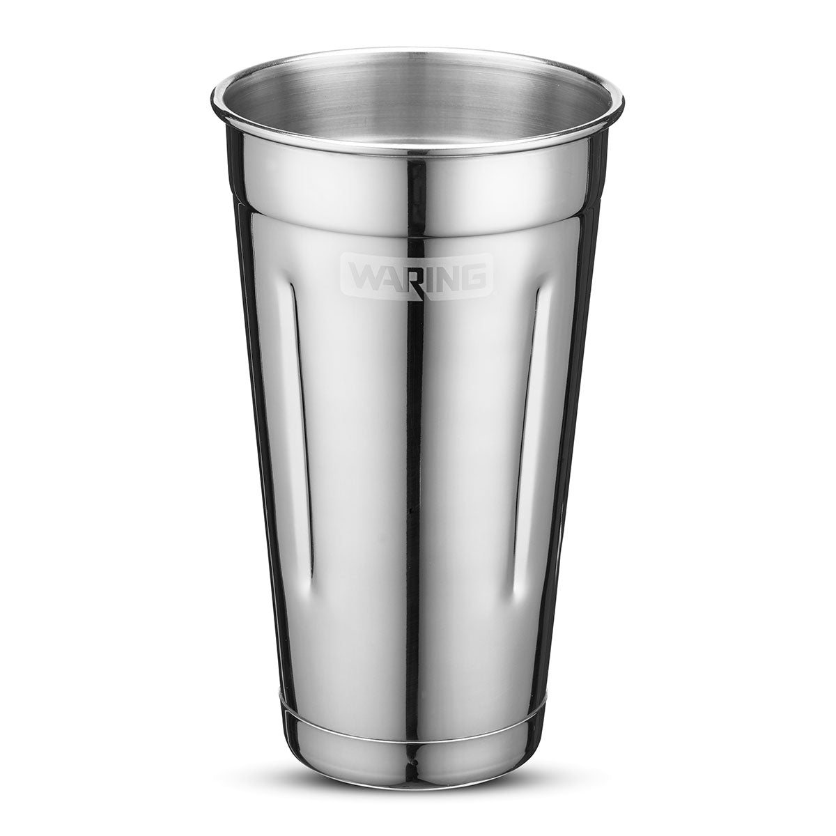 A shiny 28 oz. stainless steel Malt Cup with a slightly tapered shape, wider at the top and narrower at the base. The cup features subtle vertical indentations and the “WARING” brand name embossed near the rim.