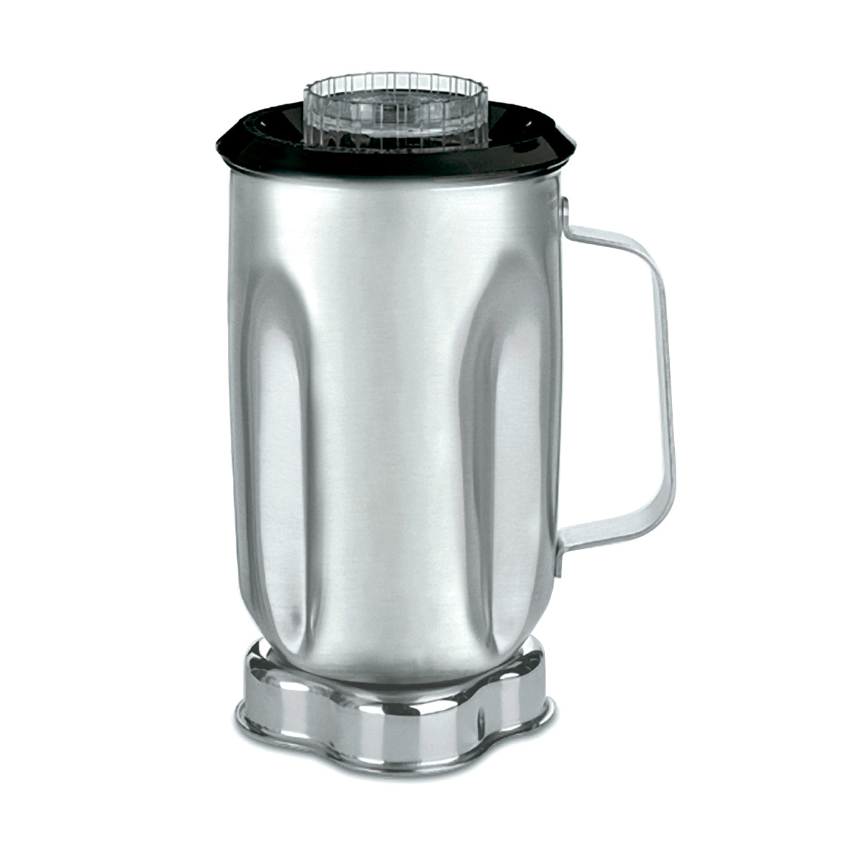 A 32 oz stainless steel blender container with a shiny, reflective surface is shown upright. It features a black plastic lid with a transparent central cap, a metal handle, and a metallic circular base designed to attach to a blender motor.