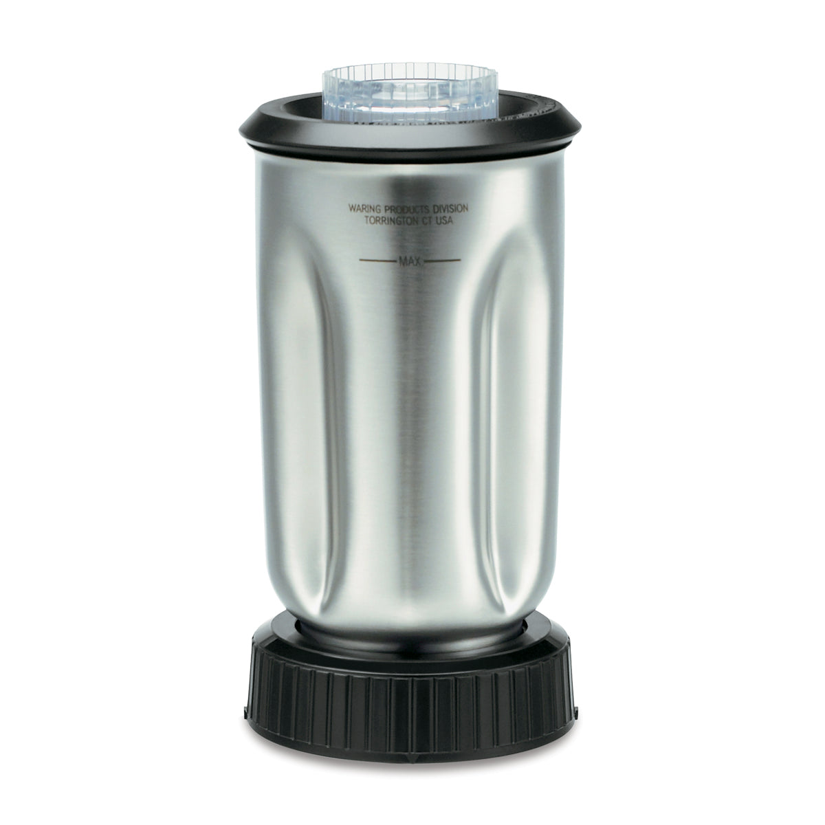 A Waring blender container is shown upright on a plain white background. This stainless steel jar features measurement markings, a black plastic base, and a clear lid. Its sleek, cylindrical design curves gently near the top for modern appeal.